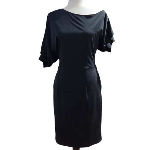 LilyIn Black Sheath Dress Knee Length Asymmetrical Boat Neck Side Pockets Size L - Picture 1 of 11